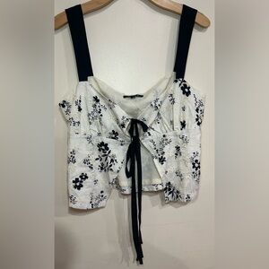 FORE  All The Buzz Eyelet Floral Bow Tie Top (Ivory/Black) Size Large
